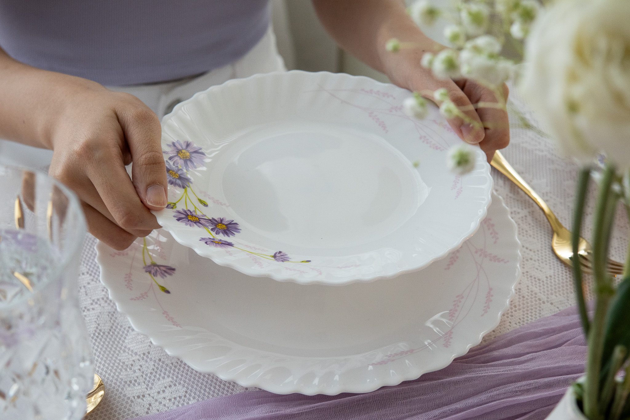 Dinexe Opal Glass Dinnerware Set 24pcs - Wavy Purple Daisy