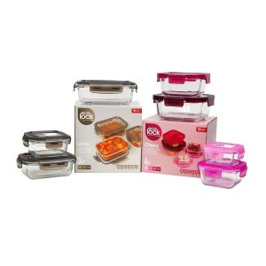 Ecolock Bundle Borosilicate Glass Food Storage Container Set 7pcs - Cherry Pink + Larva Grey