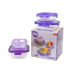 Ecolock Borosilicate Glass Food Storage Container Square & Rectangle Set 4pcs - Indigo Purple