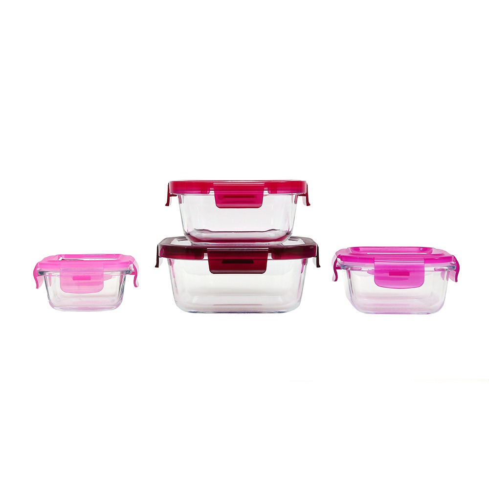 Ecolock Borosilicate Glass Food Storage Container Square Set 4pcs - Cherry Pink