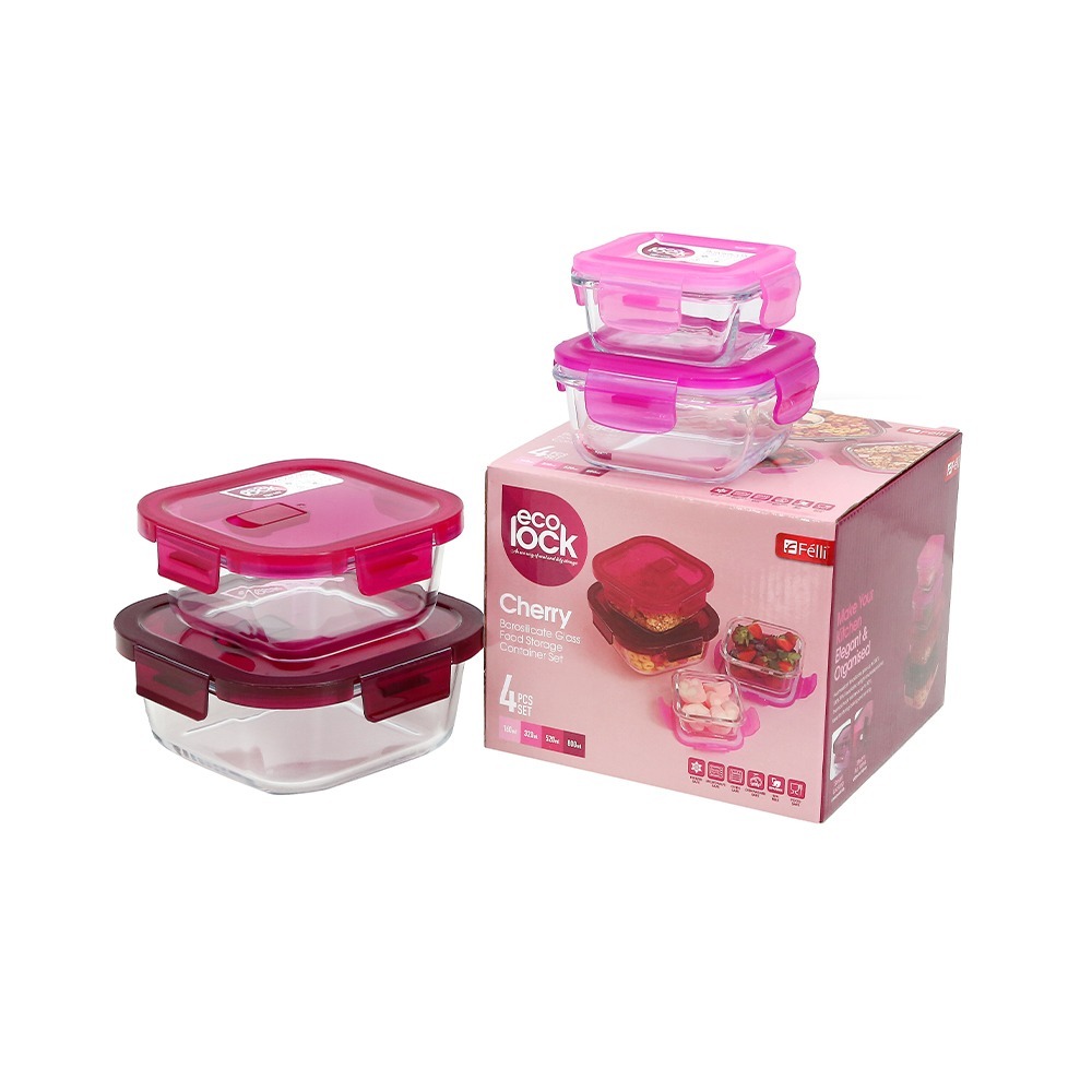 Ecolock Borosilicate Glass Food Storage Container Square Set 4pcs - Cherry Pink