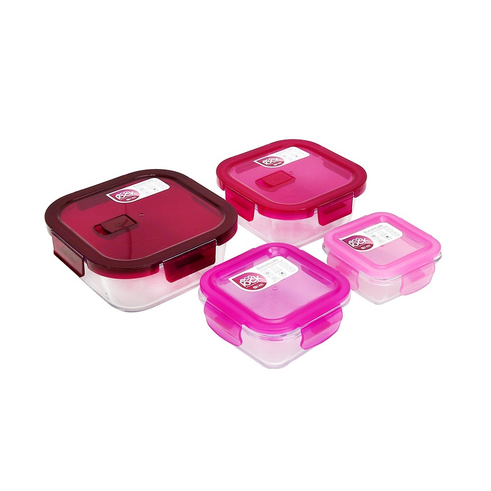 Ecolock Borosilicate Glass Food Storage Container Square Set 4pcs - Cherry Pink
