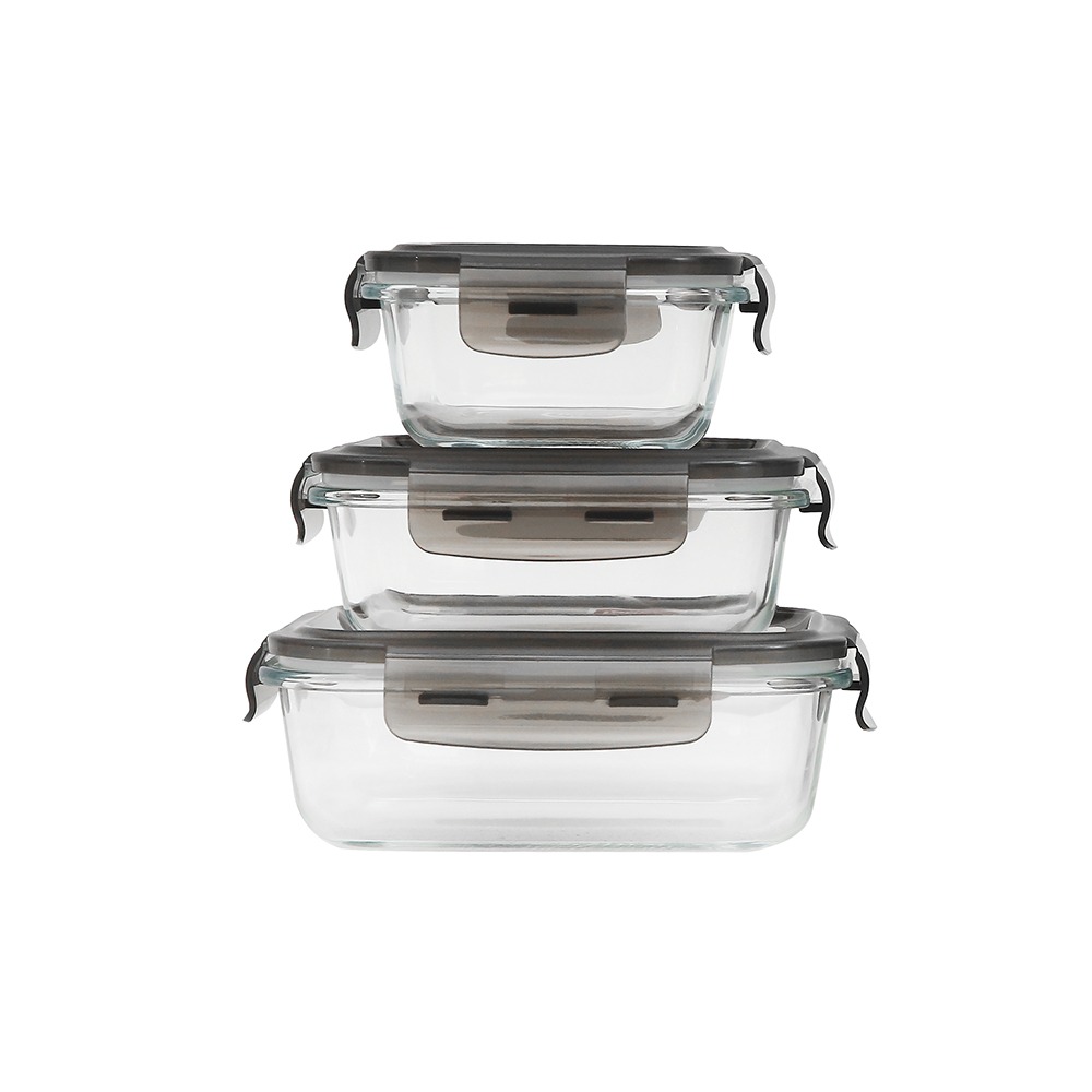 Ecolock Borosilicate Glass Food Storage Container Square & Rectangle Set 3pcs - Larva Grey