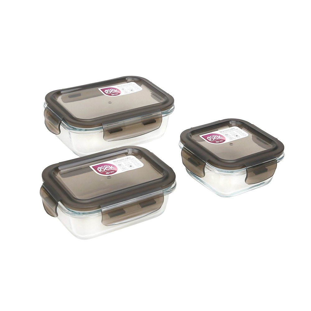 Ecolock Borosilicate Glass Food Storage Container Square & Rectangle Set 3pcs - Larva Grey