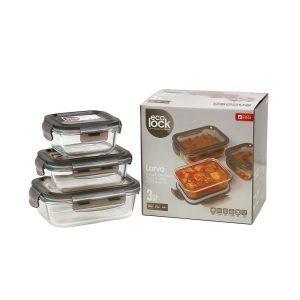 Ecolock Borosilicate Glass Food Storage Container Square & Rectangle Set 3pcs - Larva Grey