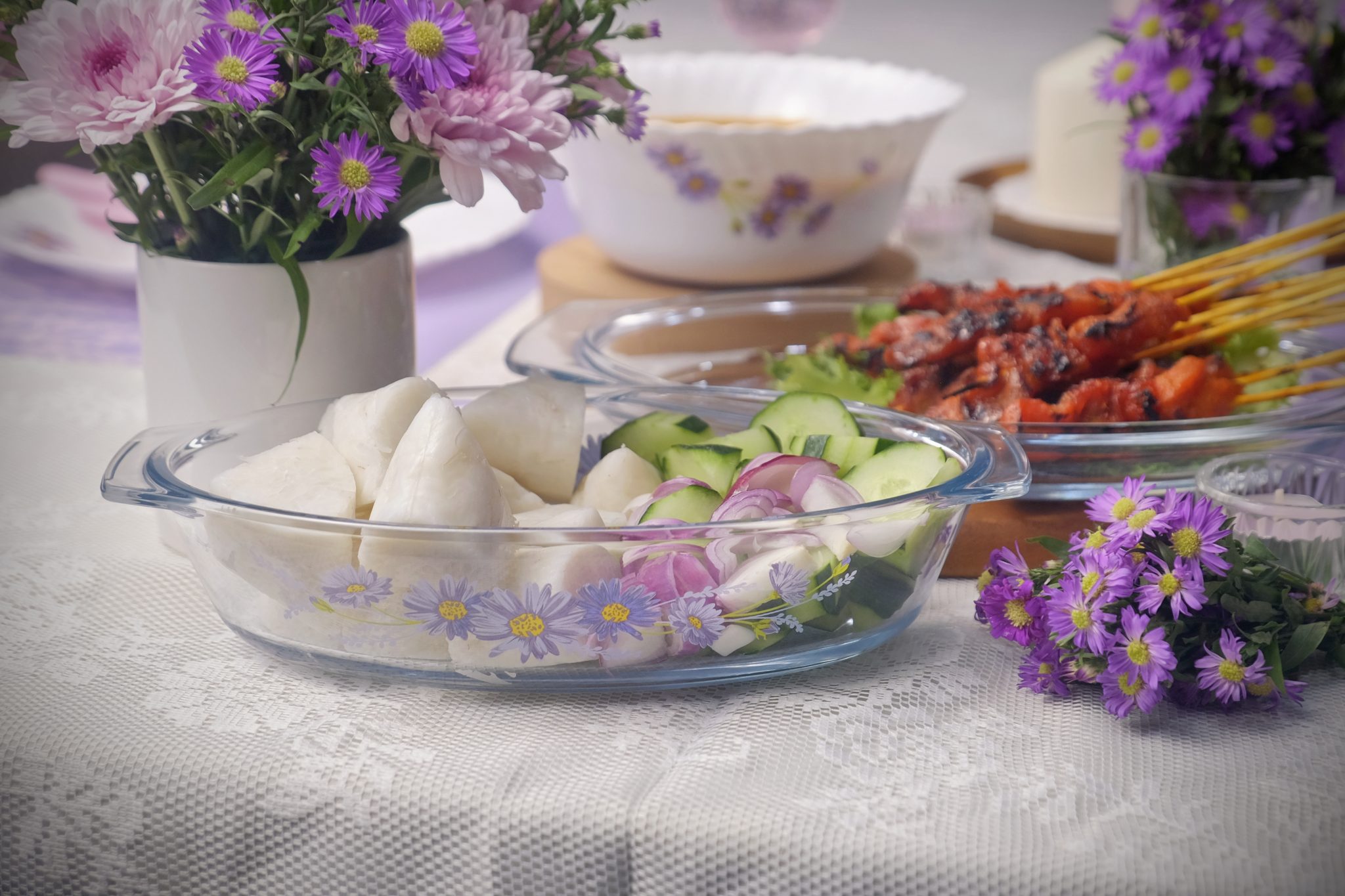 Ecolock High Borosilicate Glass Oval Baking Dish with Lid Set 4pcs - Purple Daisy