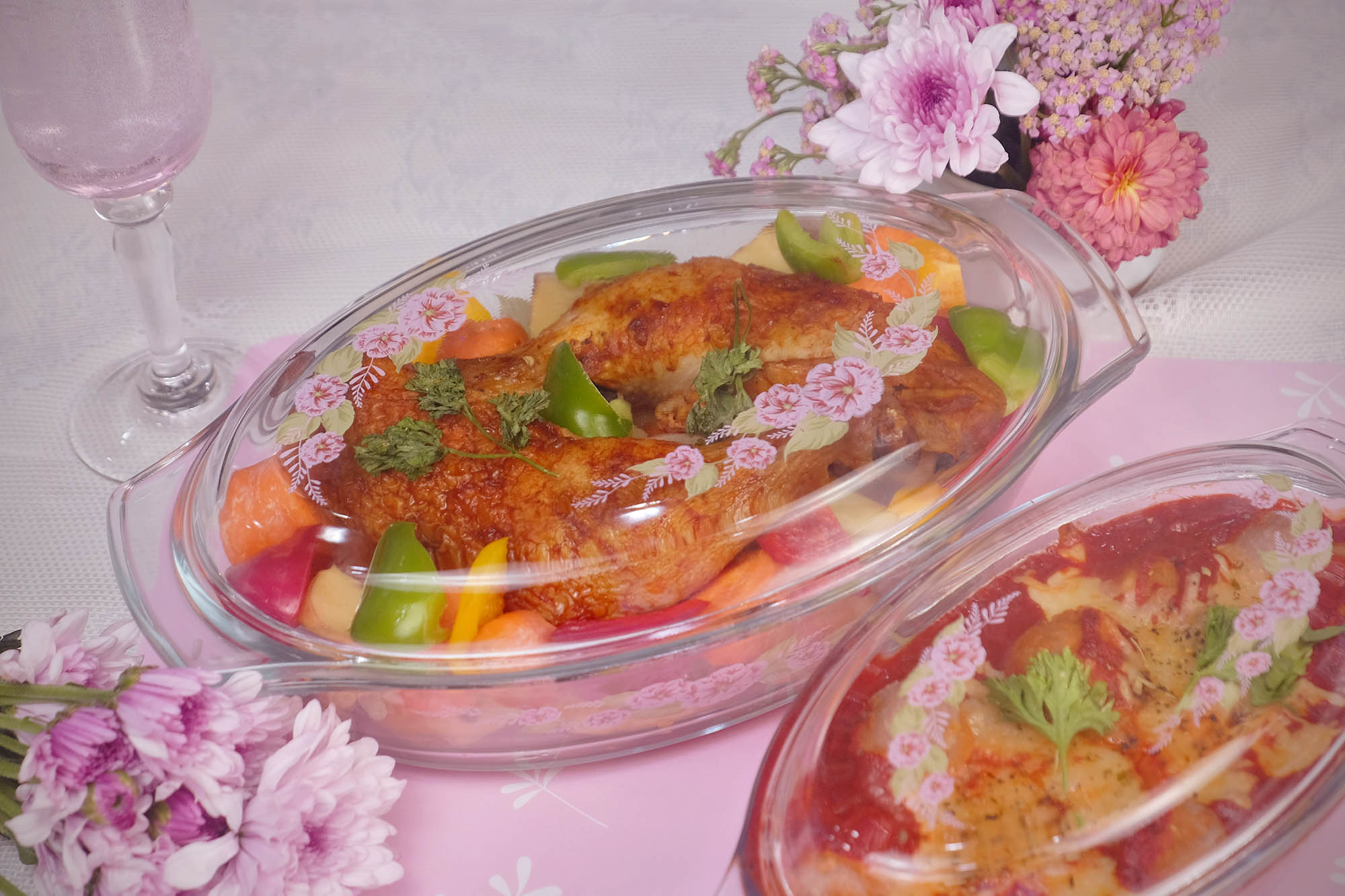 Ecolock High Borosilicate Glass Oval Baking Dish with Lid Set 4pcs - Camellia Bloom