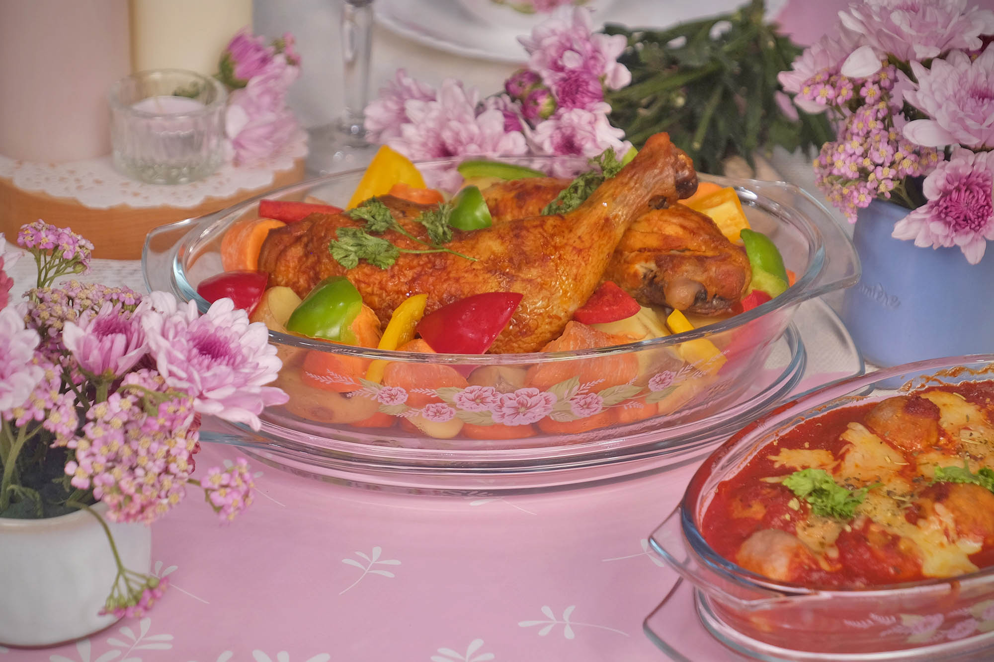 Ecolock High Borosilicate Glass Oval Baking Dish with Lid Set 4pcs - Camellia Bloom