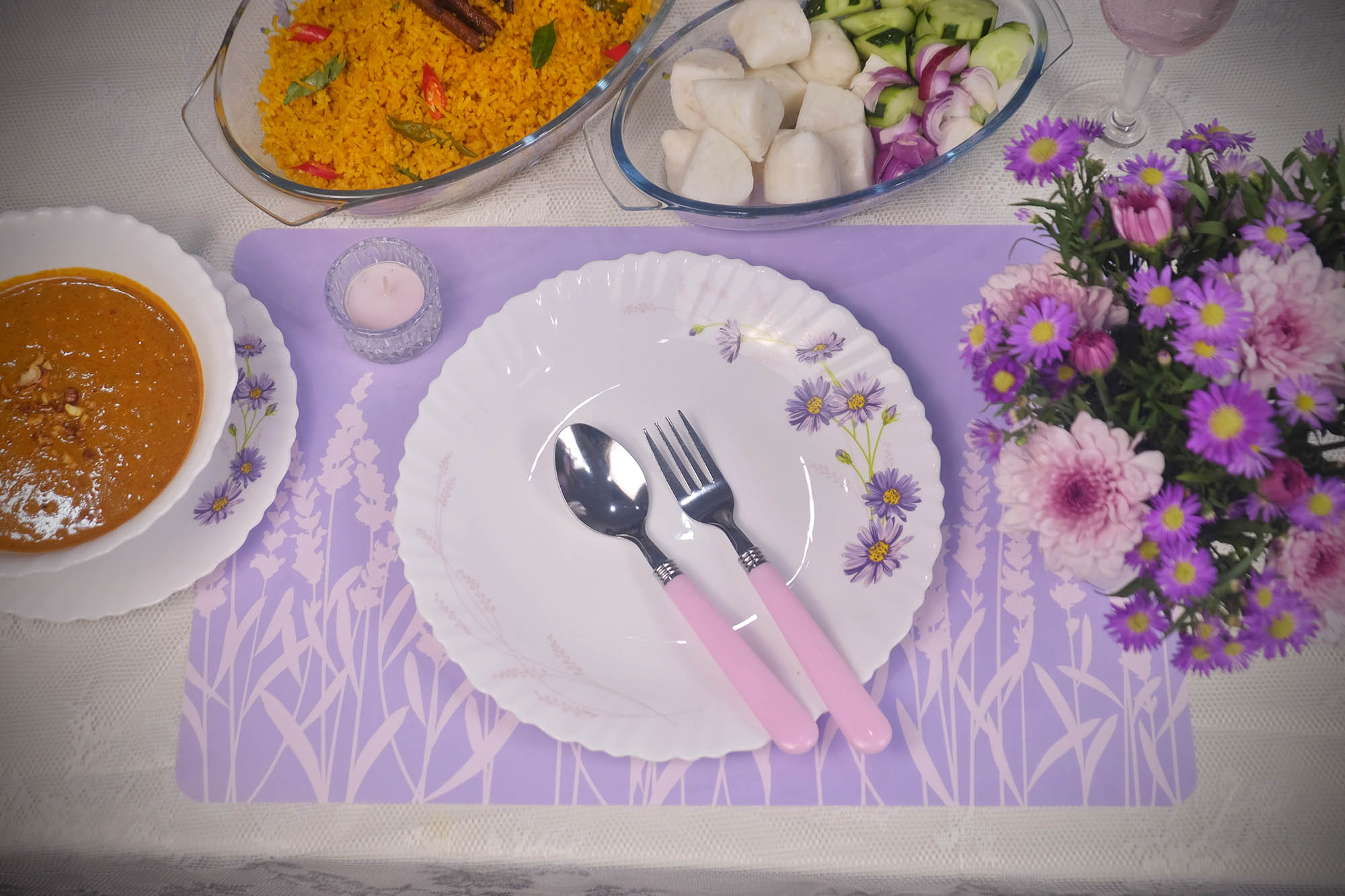 Dinexe Opal Glass Dinnerware Set 24pcs - Wavy Purple Daisy