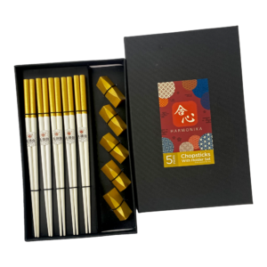 Harmonika Wooden Chopstick With Rest Set 5 Pairs - Gold Touch