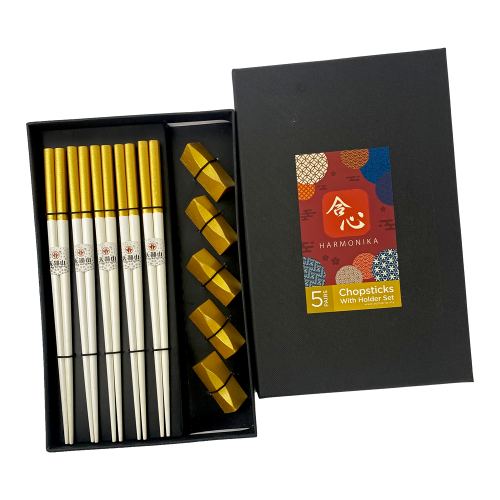 Harmonika Wooden Chopstick With Rest Set 5 Pairs - Gold Touch