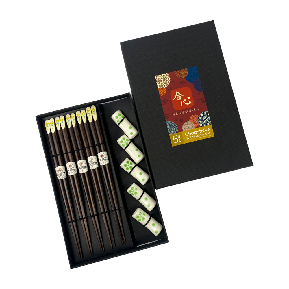 Harmonika Wooden Chopstick With Rest Set 5 Pairs - Tropical