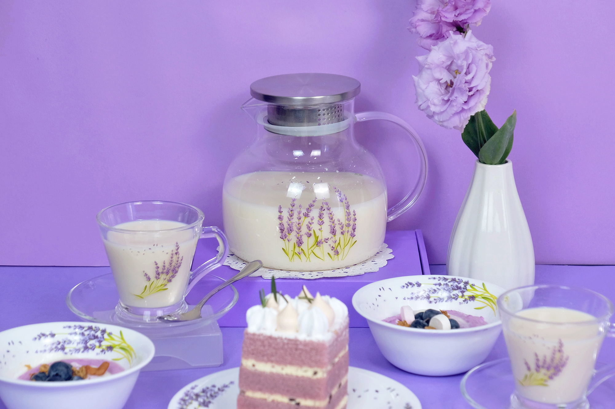 Doppio High Borosilicate Teapot and Cup Set 13pcs - Lavender