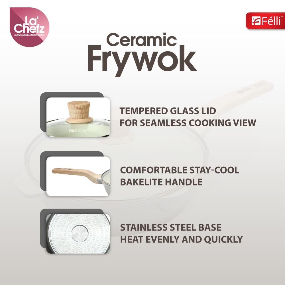 La' Chefz Ceramic Frywok With Lid 28cm - Larva Grey
