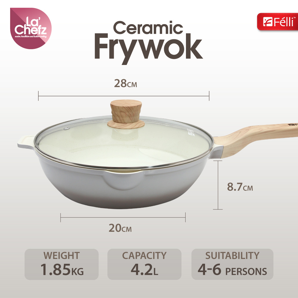 La' Chefz Ceramic Frywok With Lid 28cm - Larva Grey