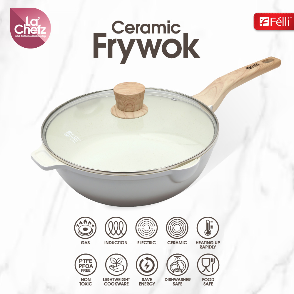 La' Chefz Ceramic Frywok With Lid 28cm - Larva Grey