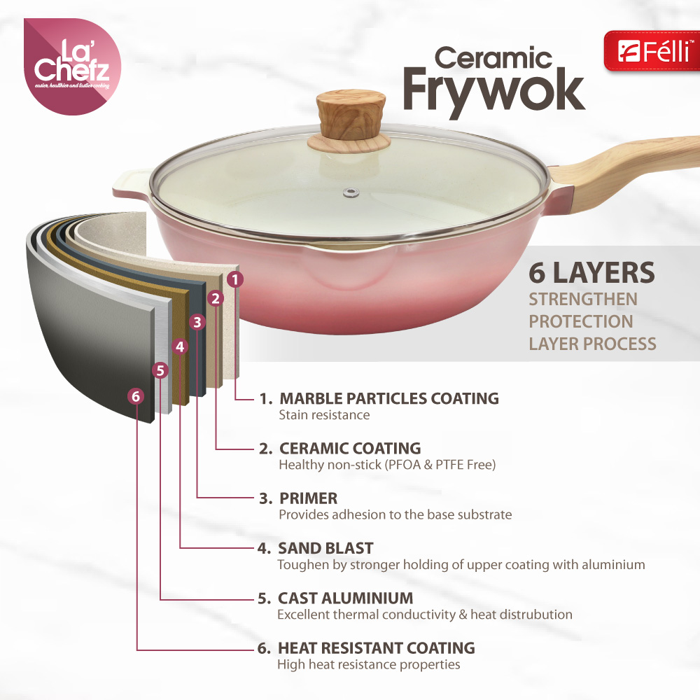 La' Chefz Ceramic Frywok With Lid 28cm - Cherry Pink