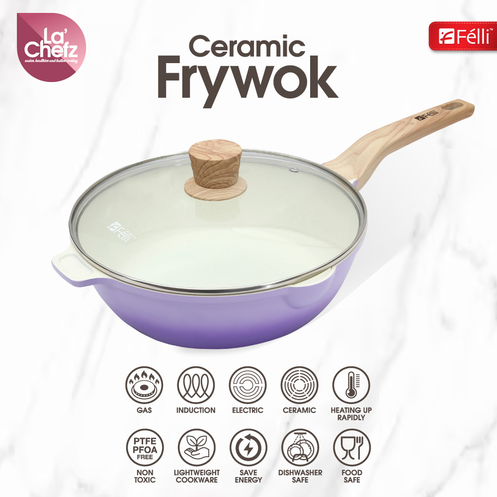 La' Chefz Ceramic Frywok With Lid 28cm - Indigo Purple