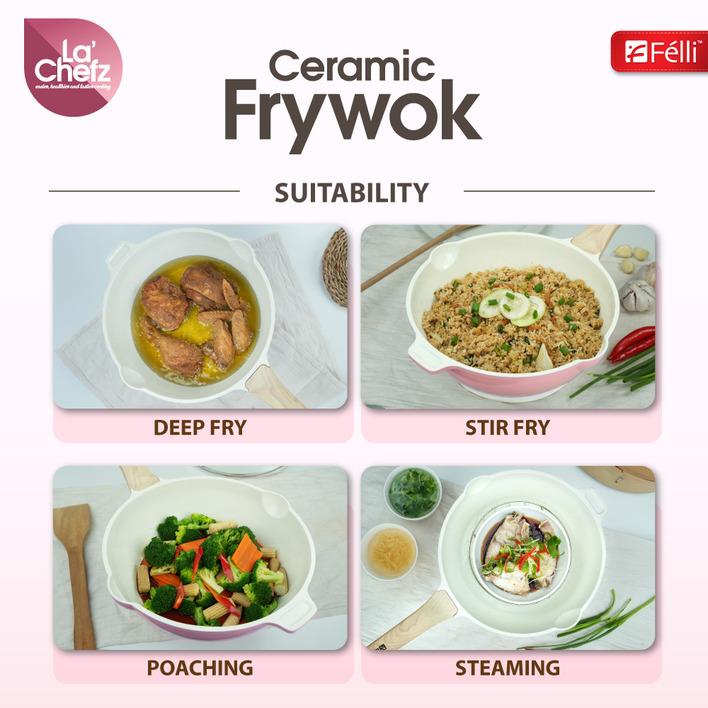 La' Chefz Ceramic Frywok With Lid 28cm - Cherry Pink