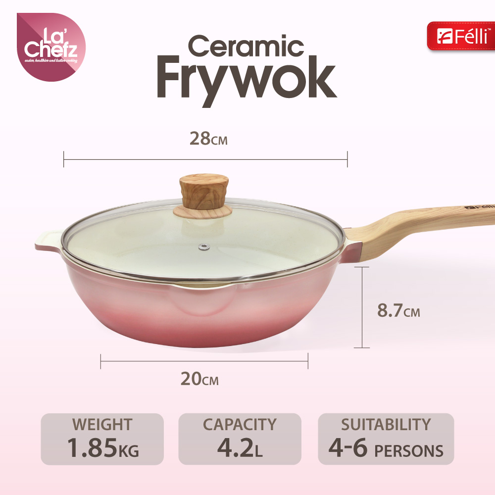 La' Chefz Ceramic Frywok With Lid 28cm - Cherry Pink