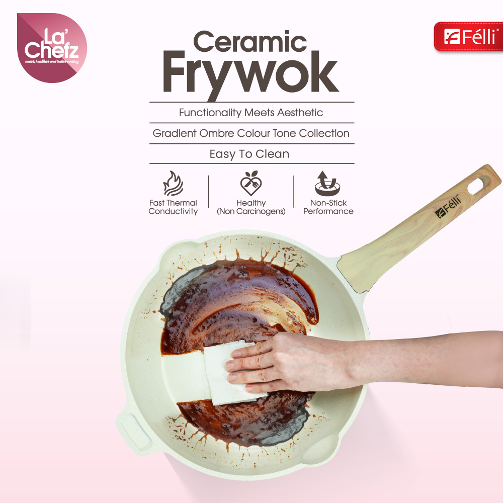 La' Chefz Ceramic Frywok With Lid 28cm - Cherry Pink