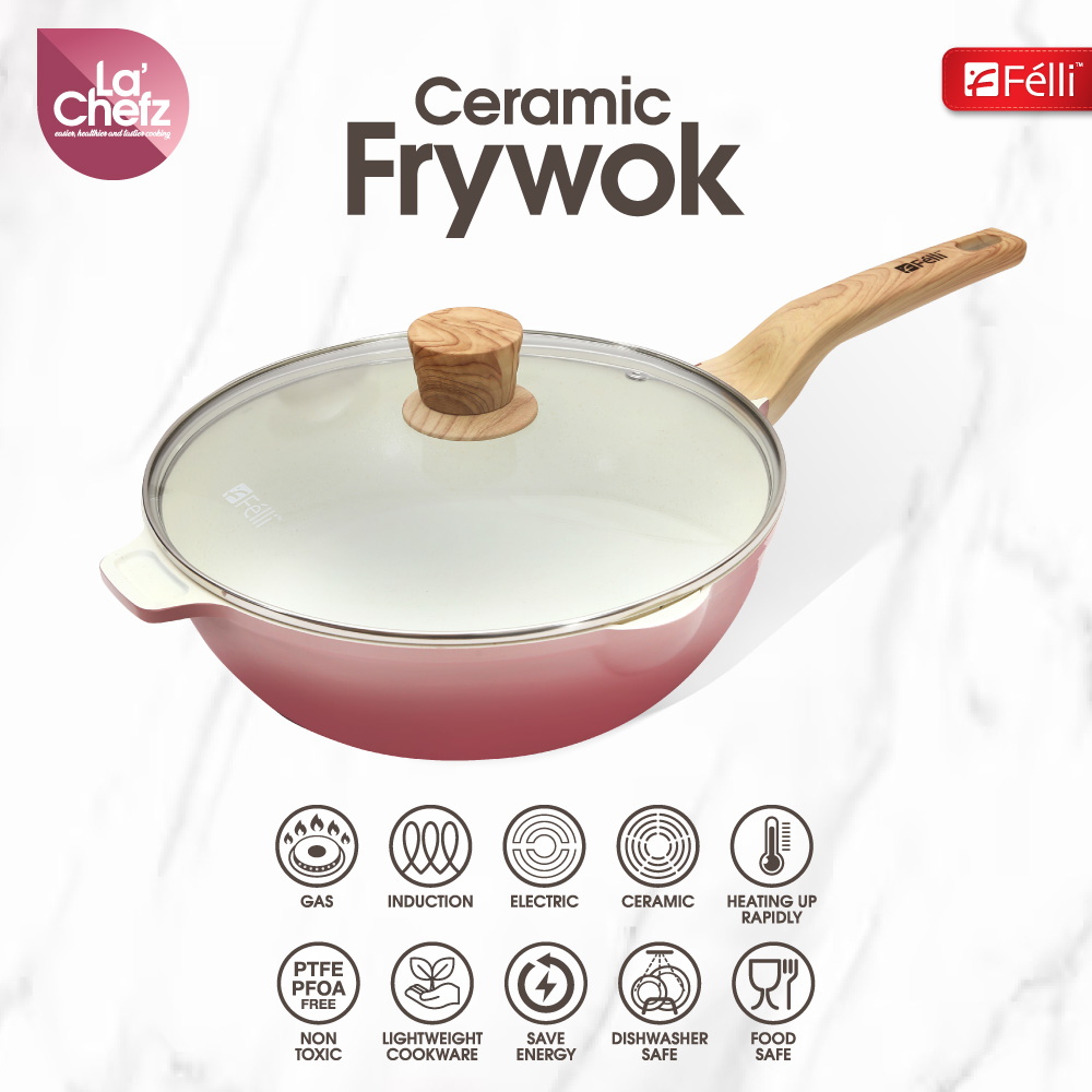 La' Chefz Ceramic Frywok With Lid 28cm - Cherry Pink