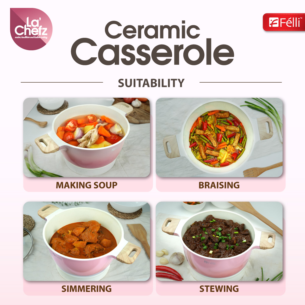 La' Chefz Ceramic Casserole With Lid 24cm - Cherry Pink