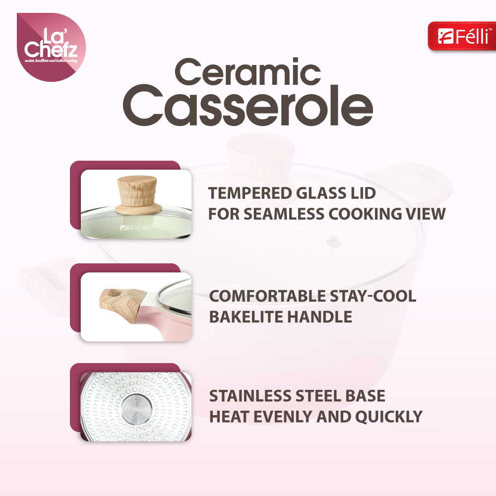 La' Chefz Ceramic Casserole With Lid 24cm - Cherry Pink