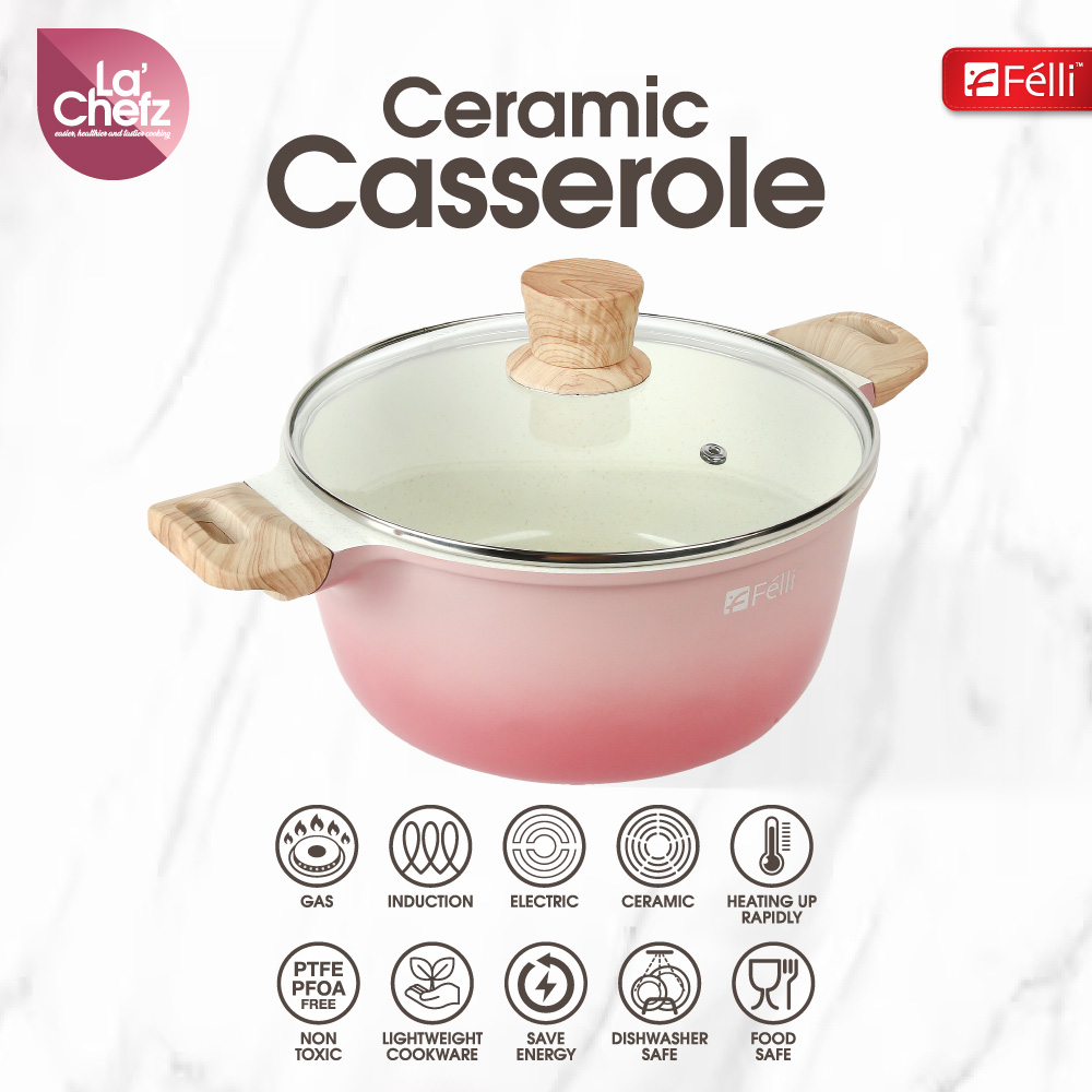 La' Chefz Ceramic Casserole With Lid 24cm - Cherry Pink