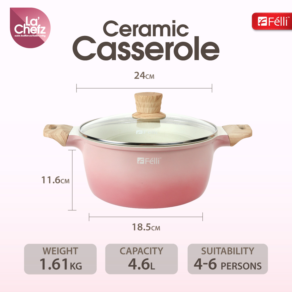 La' Chefz Ceramic Casserole With Lid 24cm - Cherry Pink