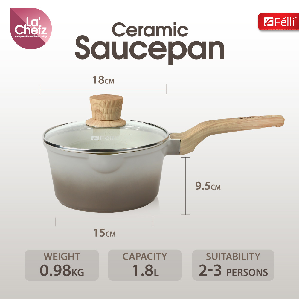 La' Chefz Ceramic Saucepan With Lid 18cm - Larva Grey