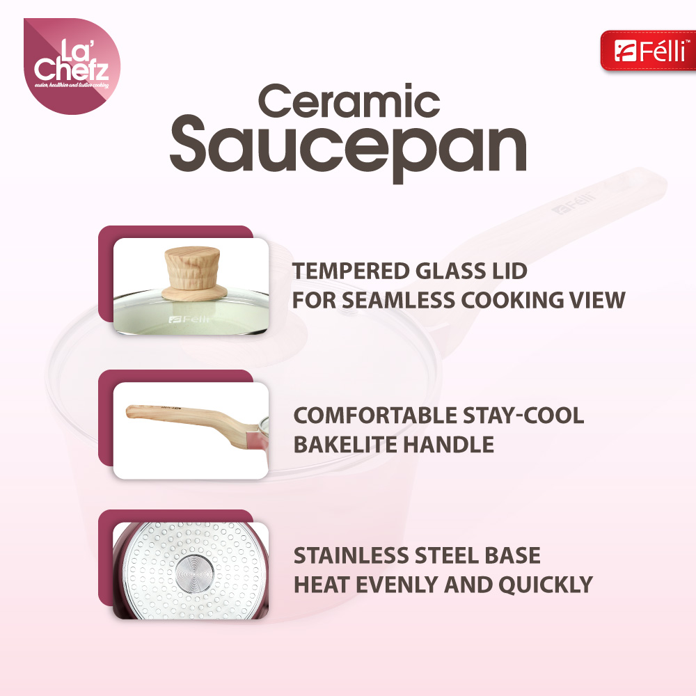 La' Chefz Ceramic Saucepan With Lid 18cm - Cherry Pink