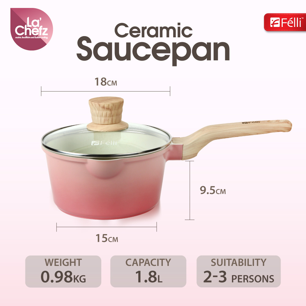 La' Chefz Ceramic Saucepan With Lid 18cm - Cherry Pink