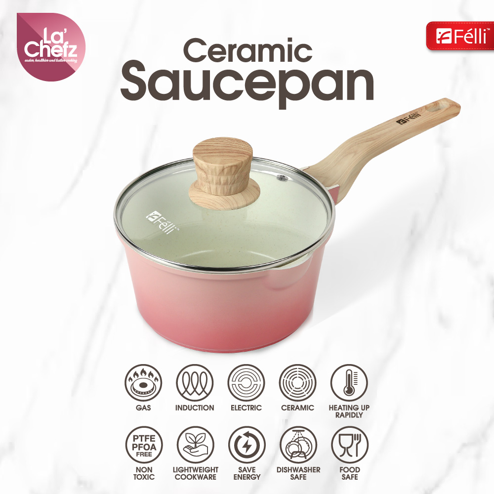 La' Chefz Ceramic Saucepan With Lid 18cm - Cherry Pink