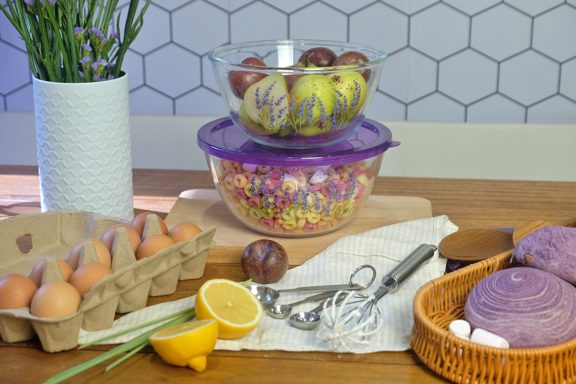 Ecolock High Borosilicate Glass Round Bowl with Lid Set 4pcs - Lavender