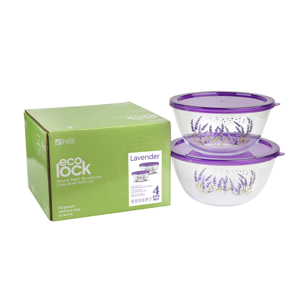 Ecolock High Borosilicate Glass Round Bowl with Lid Set 4pcs - Lavender
