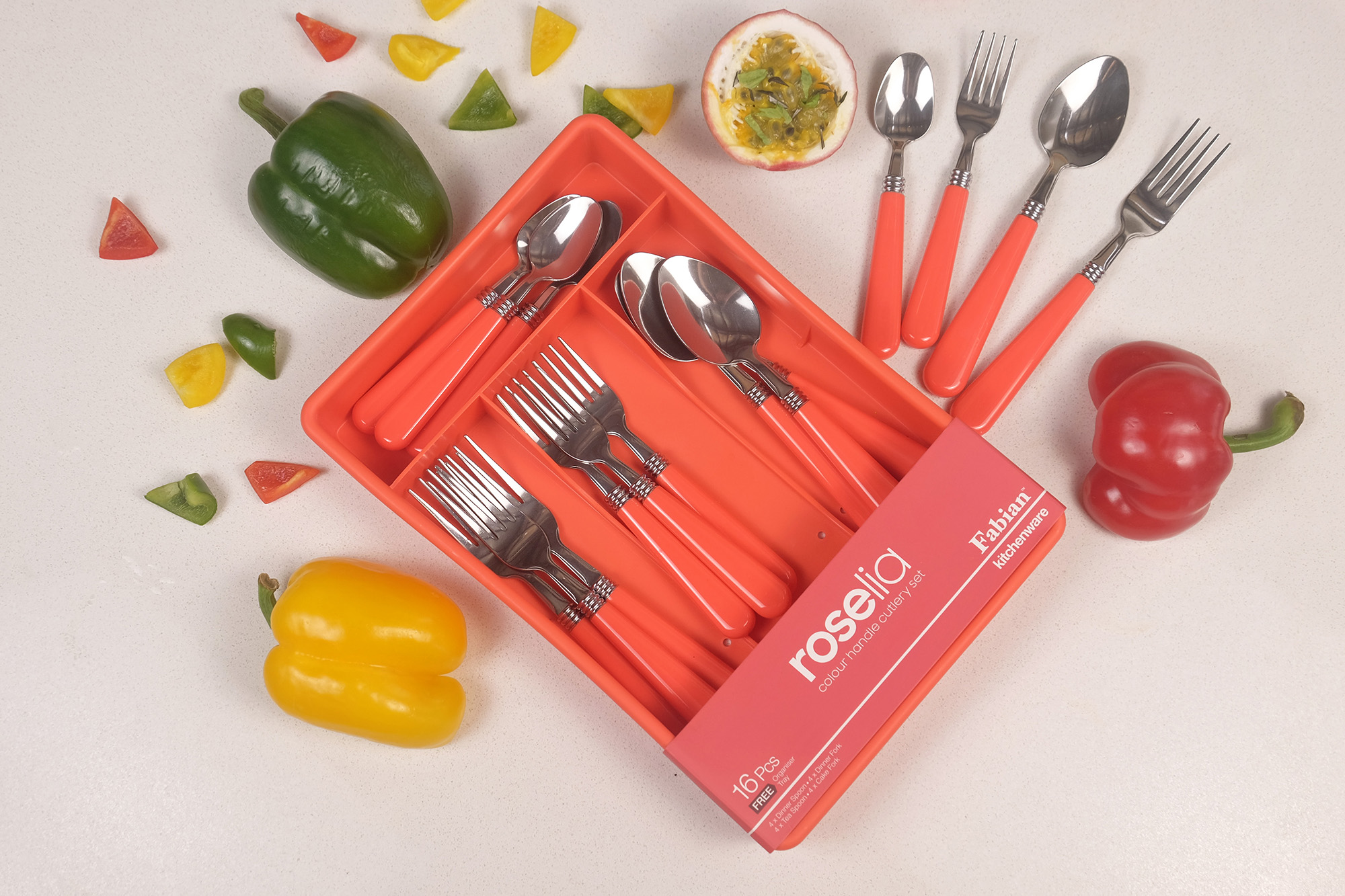 Colour Plastic Handle Roselia Cutlery Set 16pcs - Red