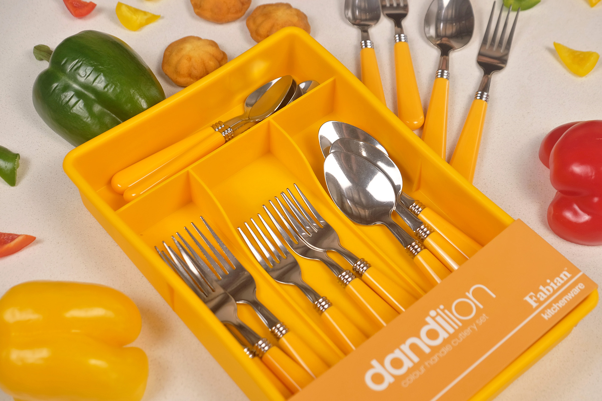 Colour Plastic Handle Dandilion Cutlery Set 16pcs - Yellow
