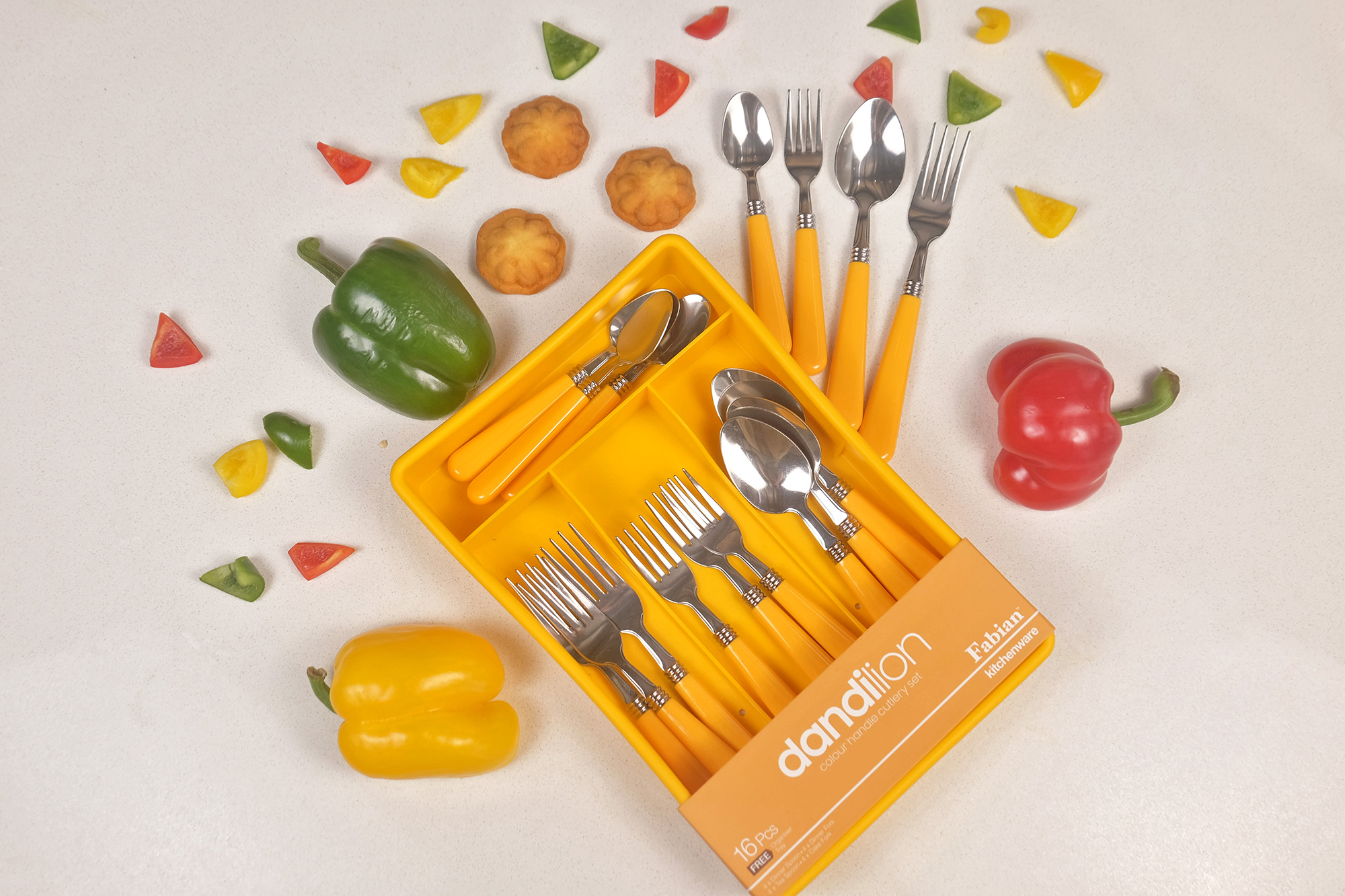 Colour Plastic Handle Dandilion Cutlery Set 16pcs - Yellow