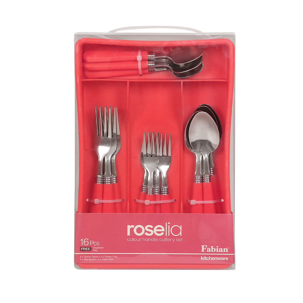 Colour Plastic Handle Roselia Cutlery Set 16pcs - Red
