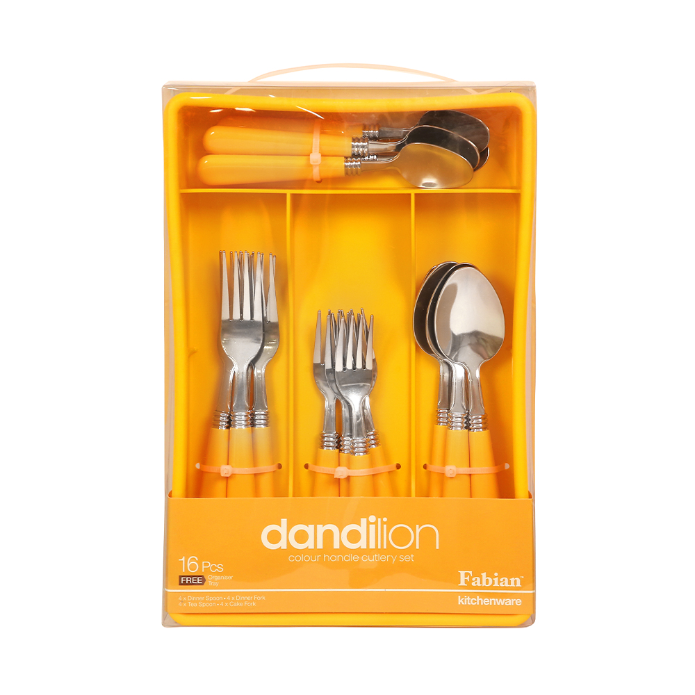 Colour Plastic Handle Dandilion Cutlery Set 16pcs - Yellow