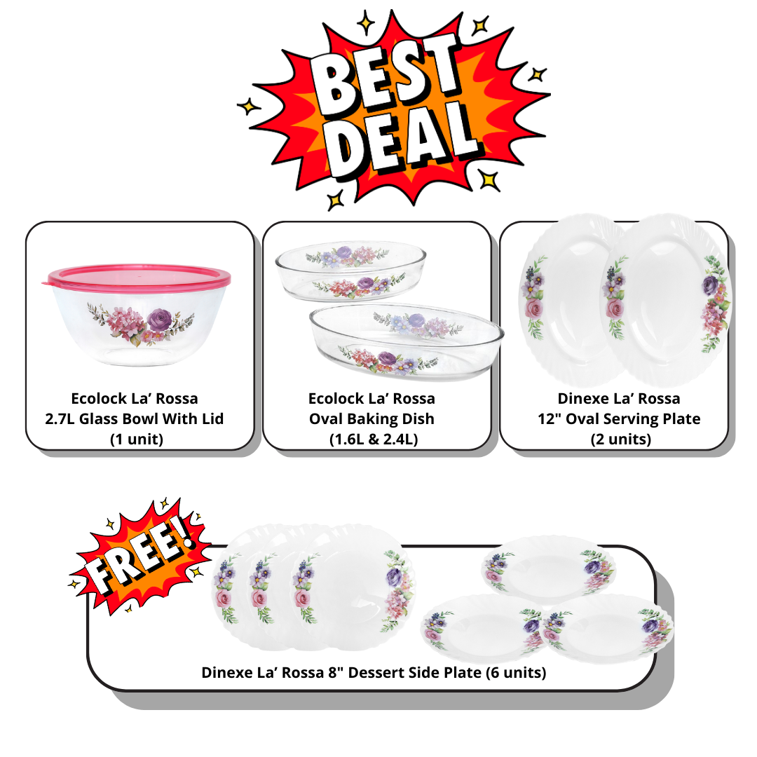 Ecolock High Borosilicate & Opal Glass Serveware Combo Set 5pcs - La' Rossa (With Free Gift)