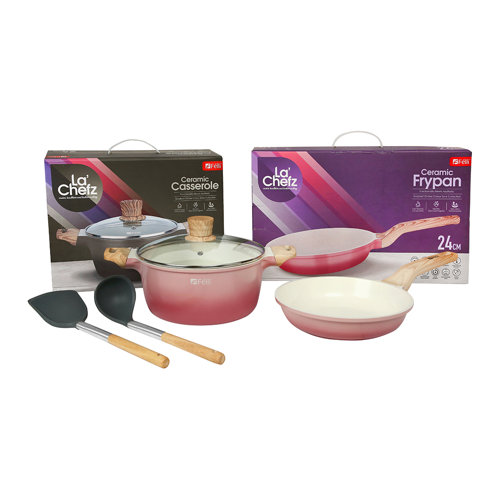 La' Chefz Ceramic Set Cookware (5 Pcs) - Cherry Pink (With Free Gift)