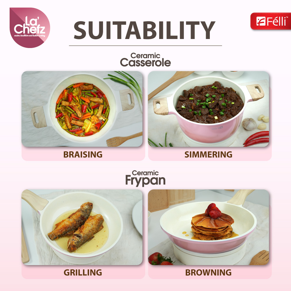 La' Chefz Ceramic Set Cookware (5 Pcs) - Cherry Pink (With Free Gift)