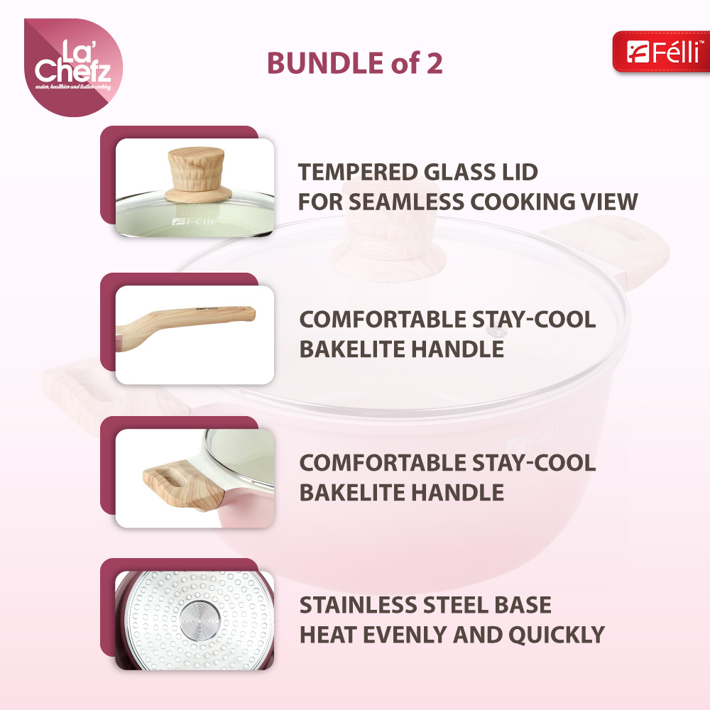 La' Chefz Ceramic Set Cookware (5 Pcs) - Cherry Pink (With Free Gift)