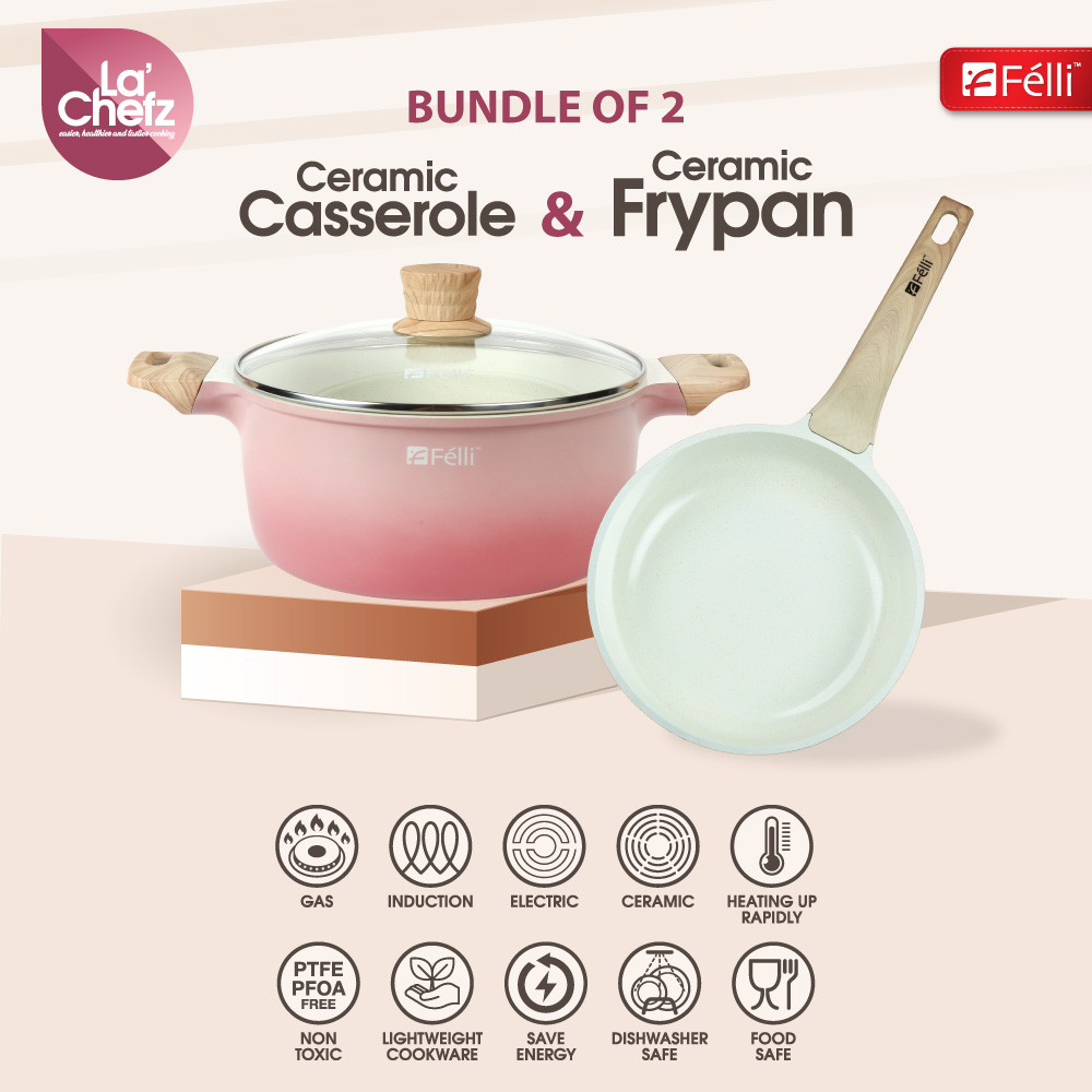 La' Chefz Ceramic Set Cookware (5 Pcs) - Cherry Pink (With Free Gift)