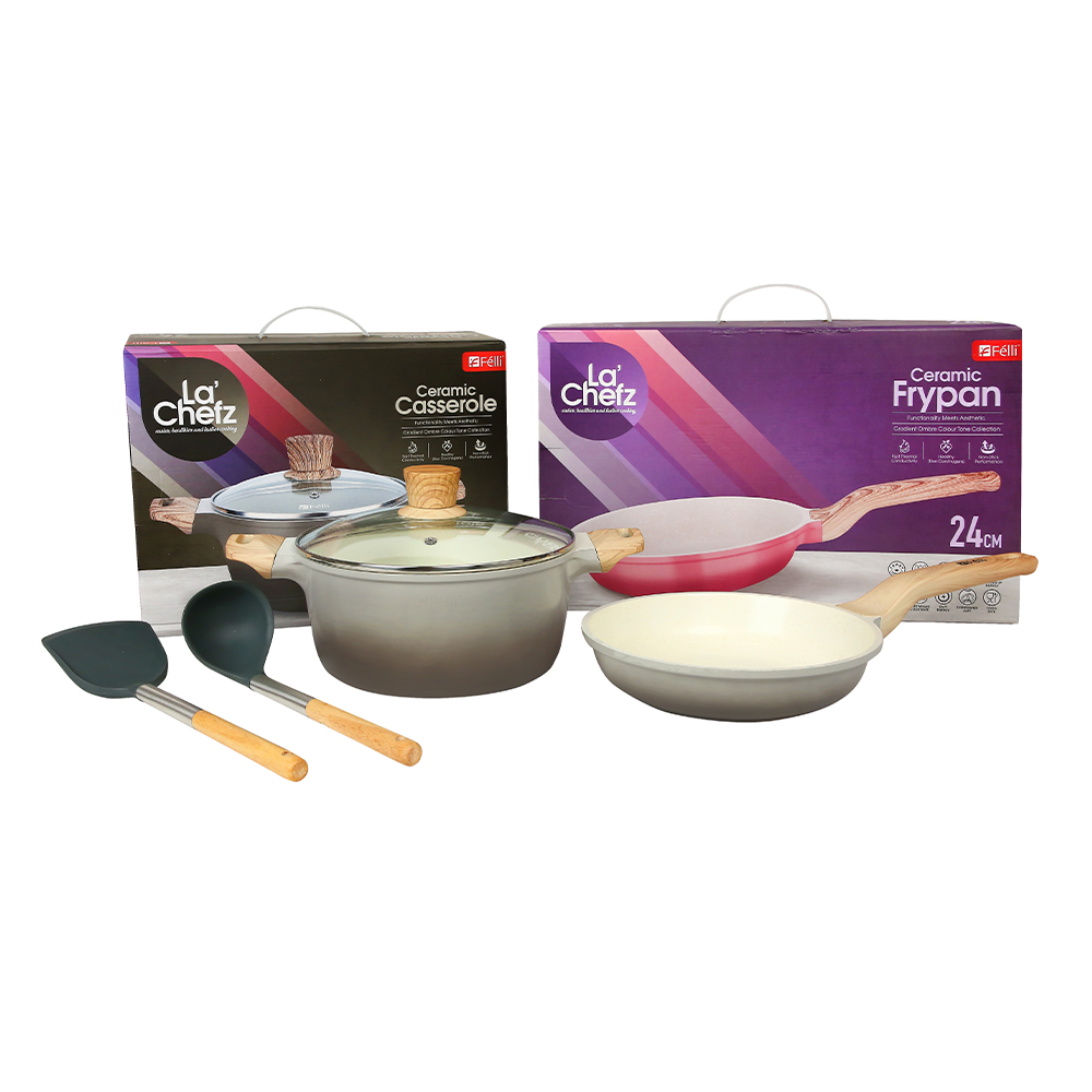 La' Chefz Ceramic Set Cookware (5 Pcs) - Larva Grey (With Free Gift)