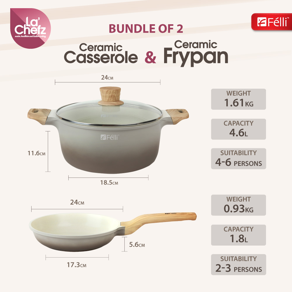 La' Chefz Ceramic Set Cookware (5 Pcs) - Larva Grey (With Free Gift)