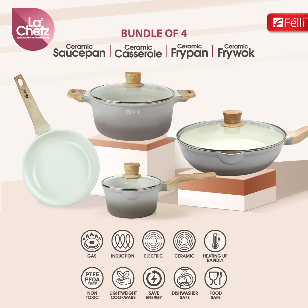 La' Chefz Ceramic Set Cookware (9 Pcs) - Larva Grey (With Free Gift)