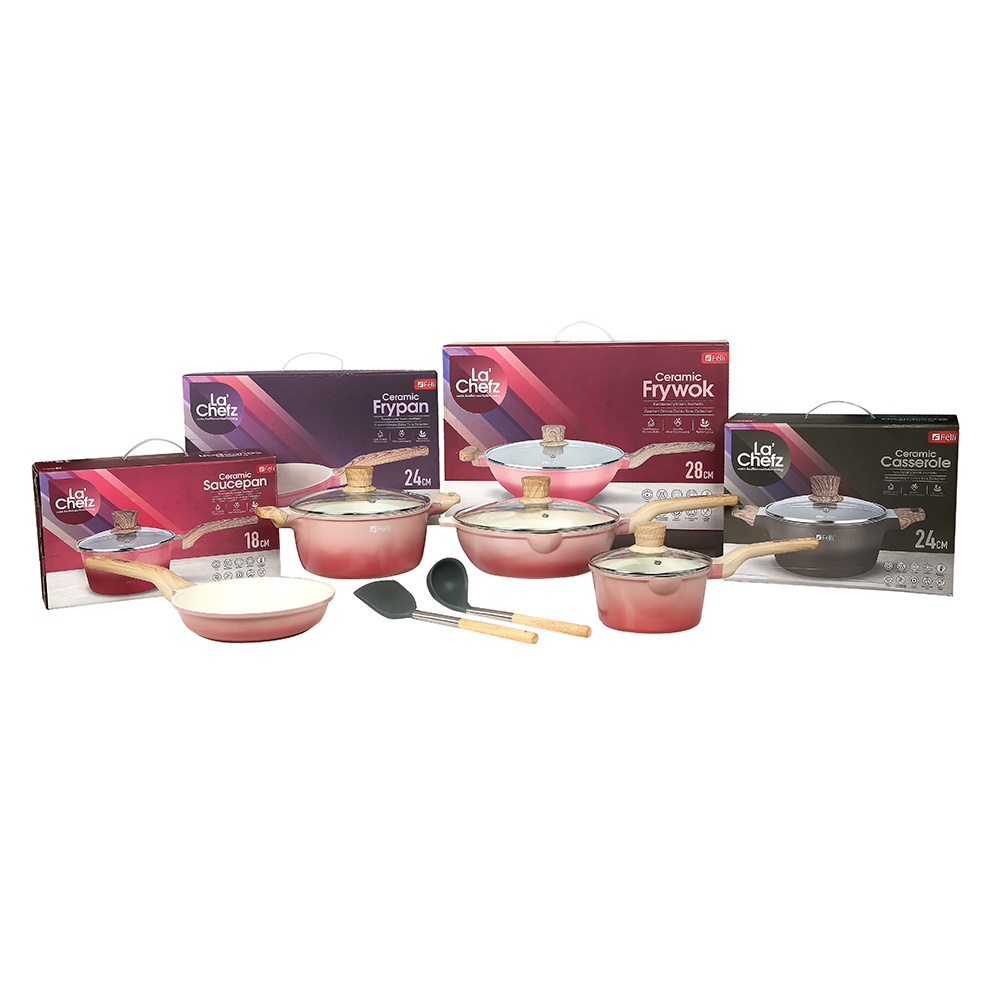 La' Chefz Ceramic Set Cookware (9 Pcs) - Cherry Pink (With Free Gift)